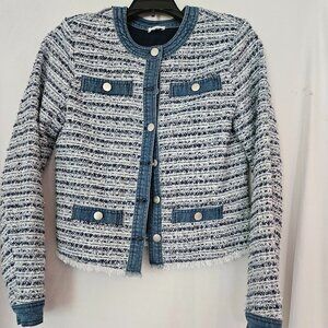 ECRU cropped Jacket Sz XS Denim,‎ Tweed and Fringed